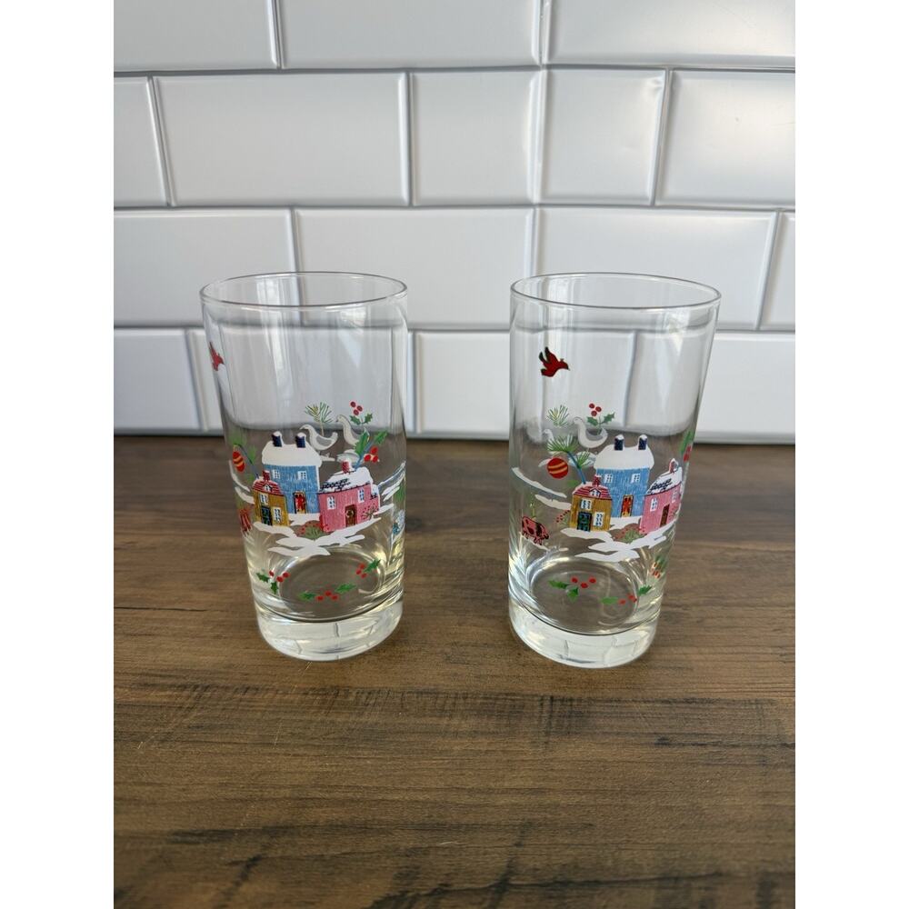RARE 2 International Heartland Tableworks Christmas Medium Glasses- Cozy Cottage